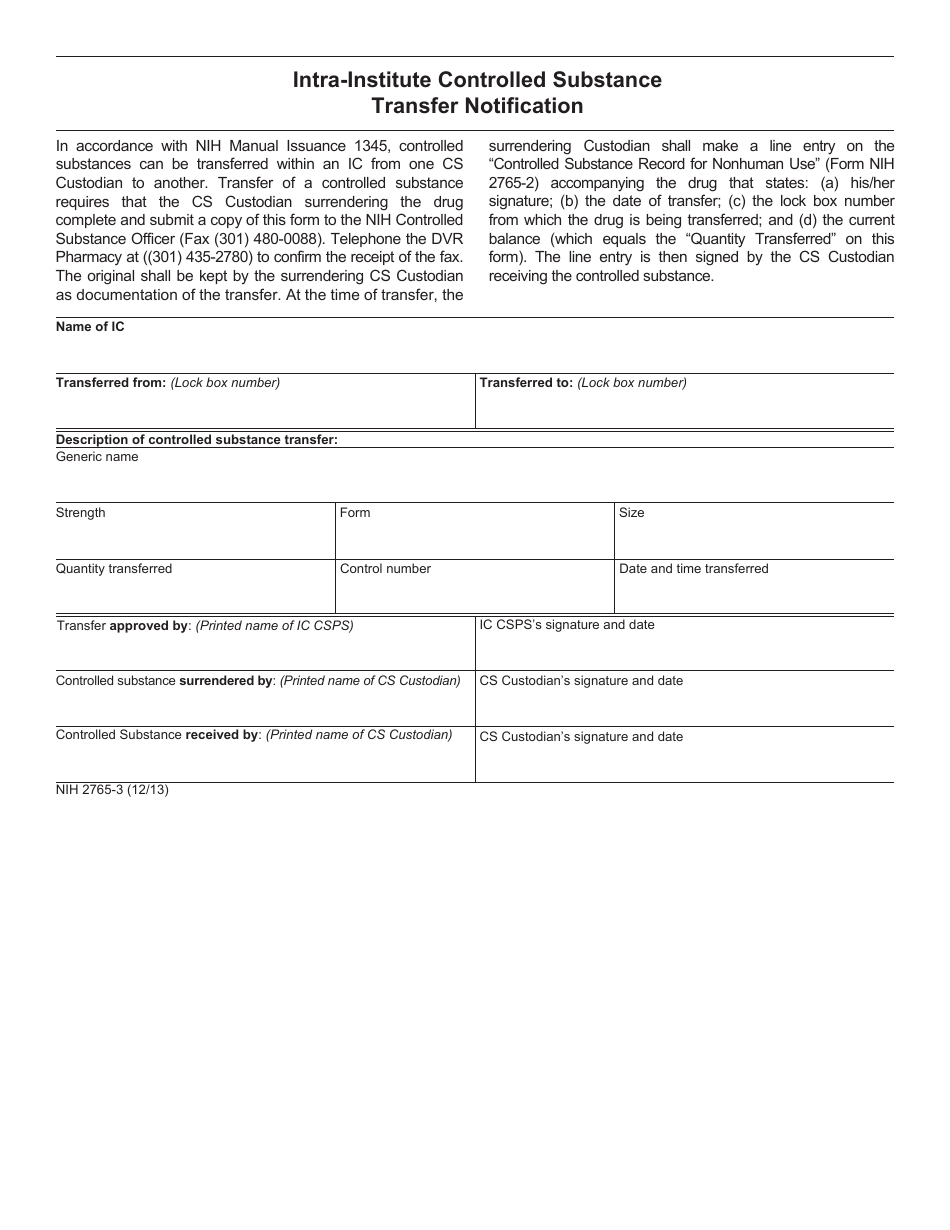 Form NIH2765-3 Intra-institute Controlled Substance Transfer Notification, Page 1