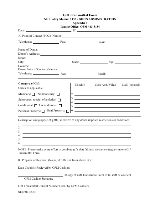 Form NIH2914 Appendix 1 Gift Transmittal Form