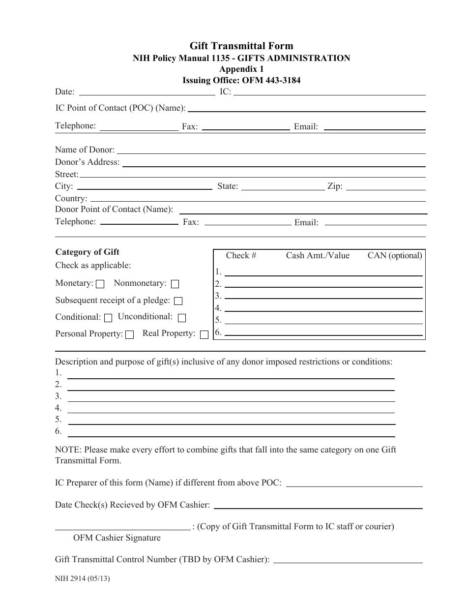 Form NIH2914 Appendix 1 Gift Transmittal Form, Page 1