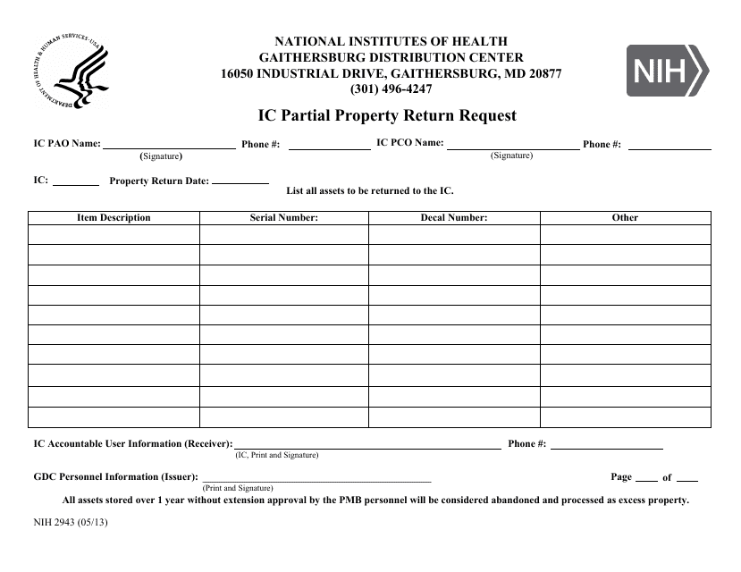 Form NIH2943 Ic Partial Property Return Request