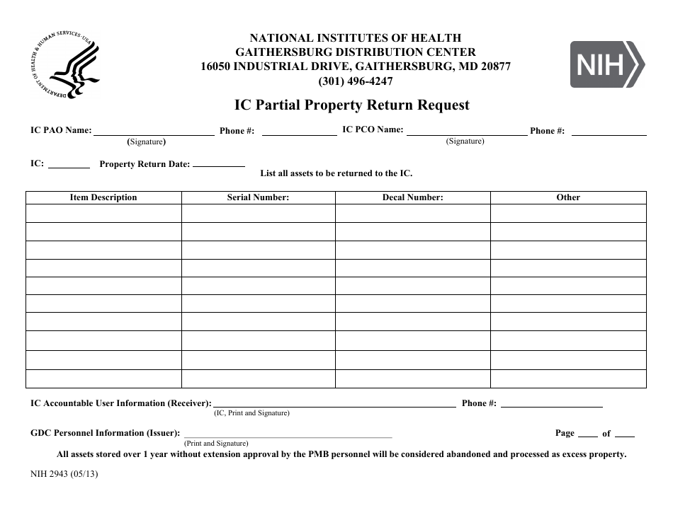 Form NIH2943 Ic Partial Property Return Request, Page 1