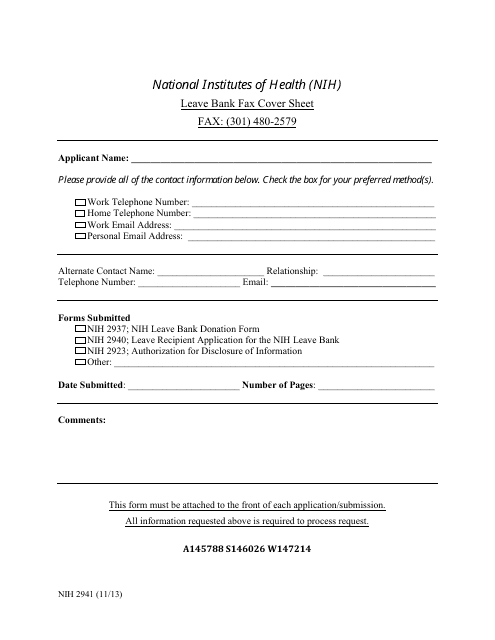 Form NIH2941 Leave Bank Fax Cover Sheet