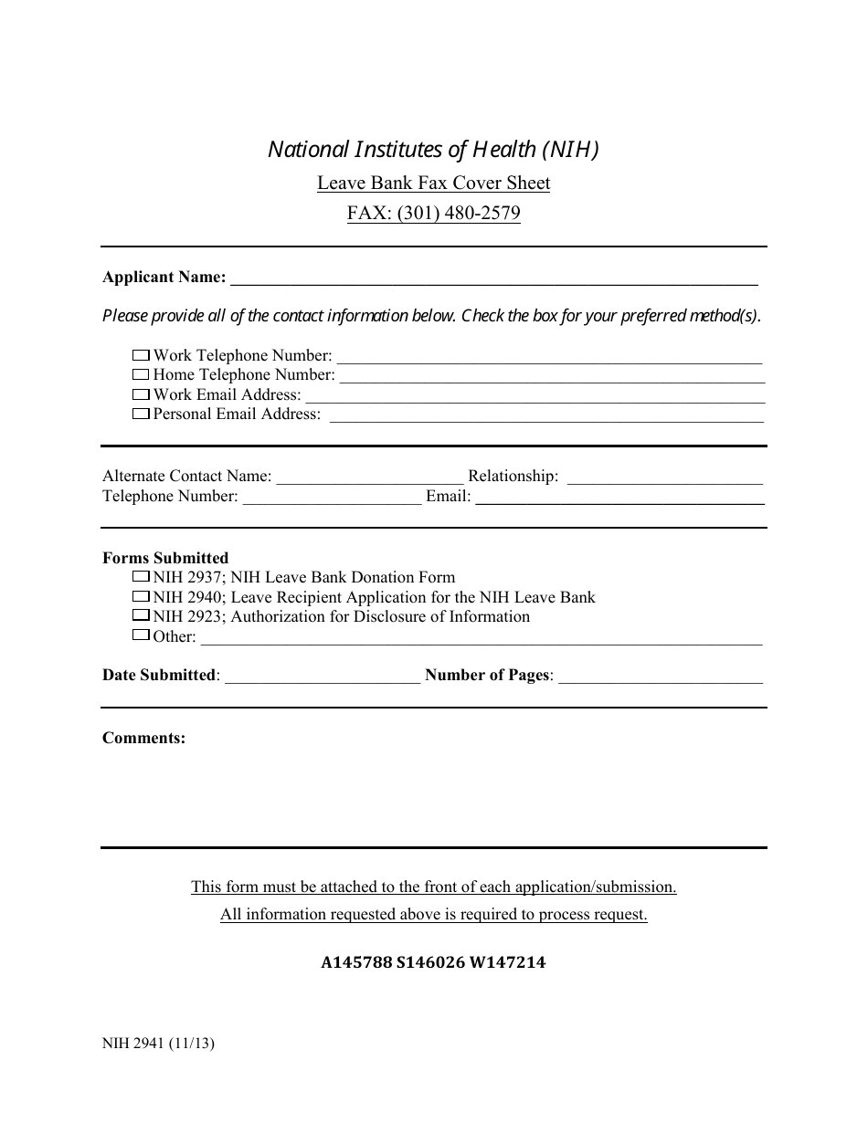 Form NIH2941 Leave Bank Fax Cover Sheet, Page 1