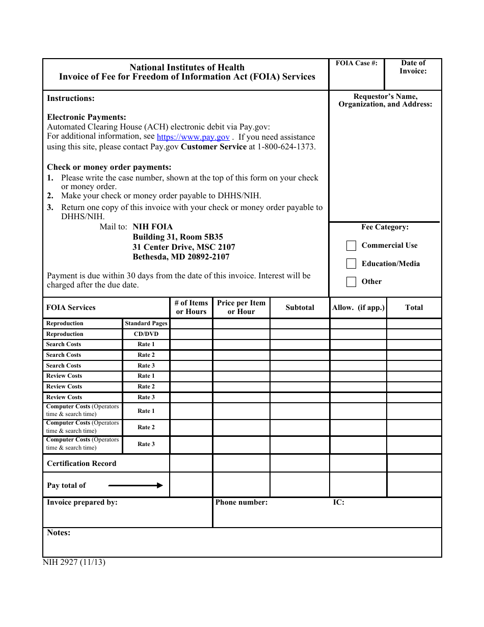 Form NIH2927 Invoice of Fee for Freedom of Information Act (Foia) Services, Page 1