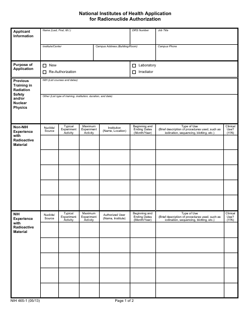 Form NIH465-1 Application for Radionuclide Authorization