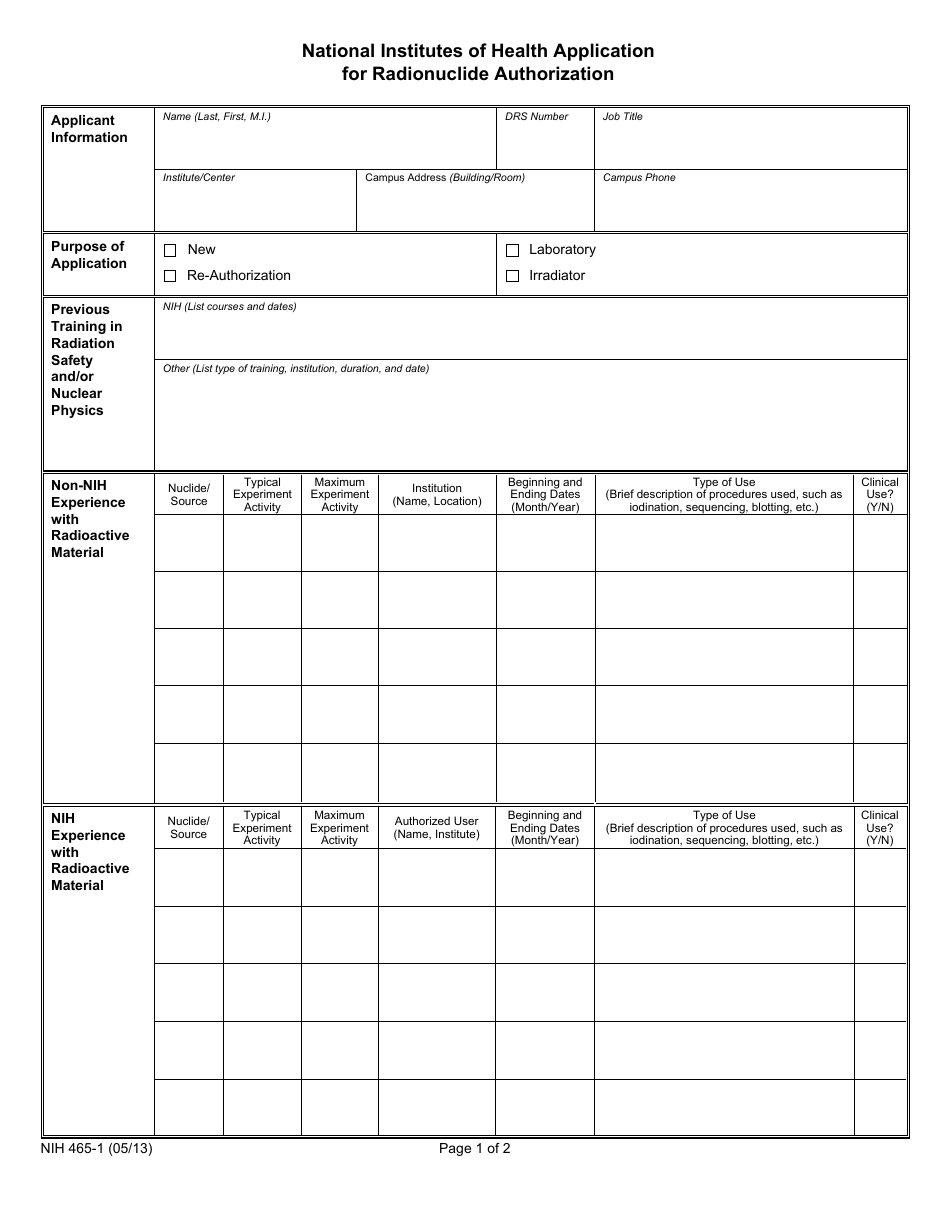 Form NIH465-1 Application for Radionuclide Authorization, Page 1
