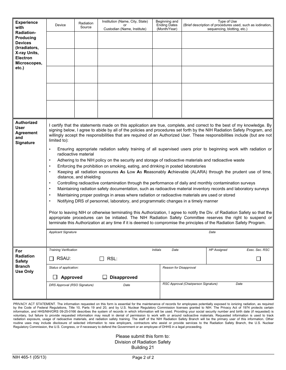 Form NIH465-1 Application for Radionuclide Authorization, Page 2