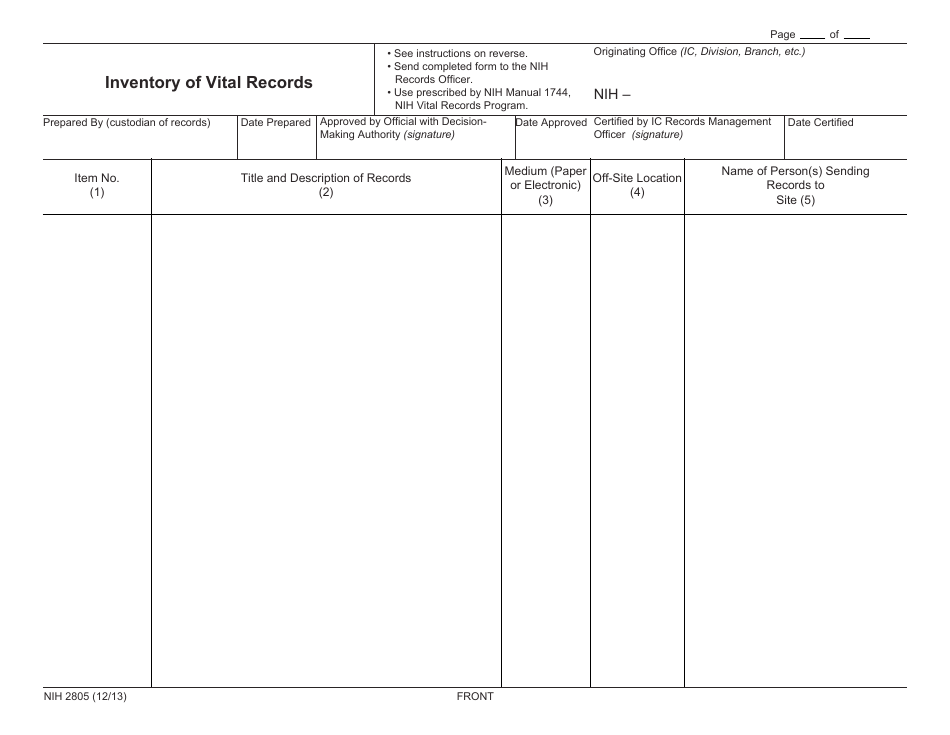 Form NIH2805 Inventory of Vital Records, Page 1