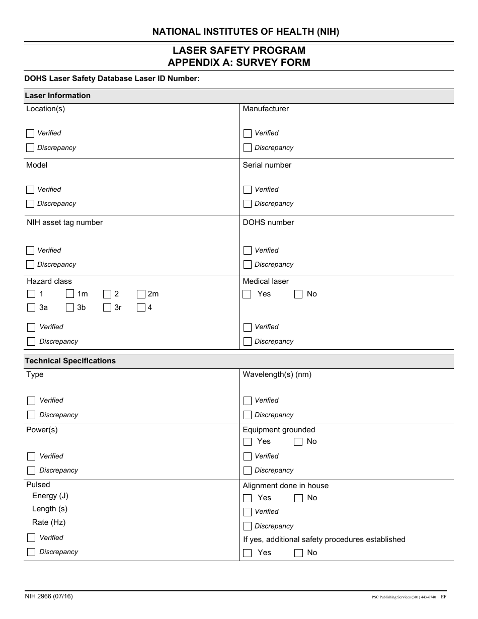 Form NIH-2966 Laser Safety Program Appendix a: Survey Form, Page 1