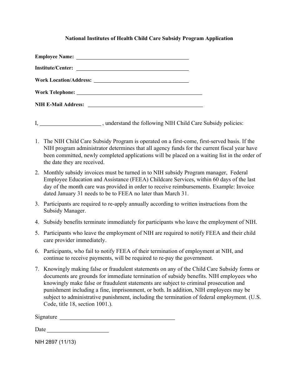 Form NIH2897 National Institutes of Health Child Care Subsidy Program Application, Page 1
