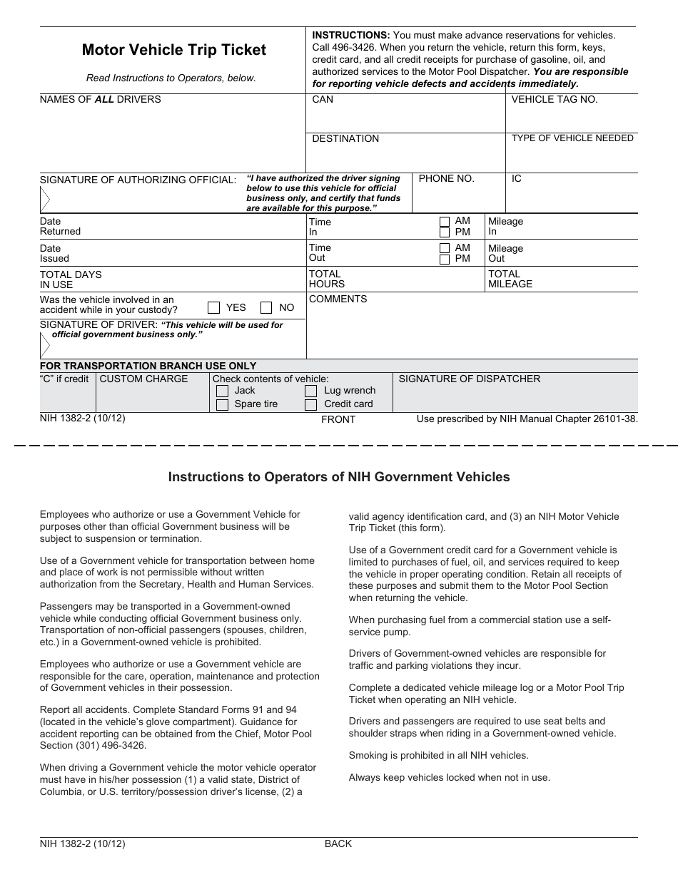 Form NIH1382-2 Motor Vehicle Trip Ticket, Page 1