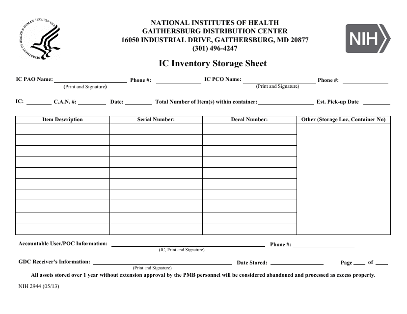 Form NIH2944 Ic Inventory Storage Sheet