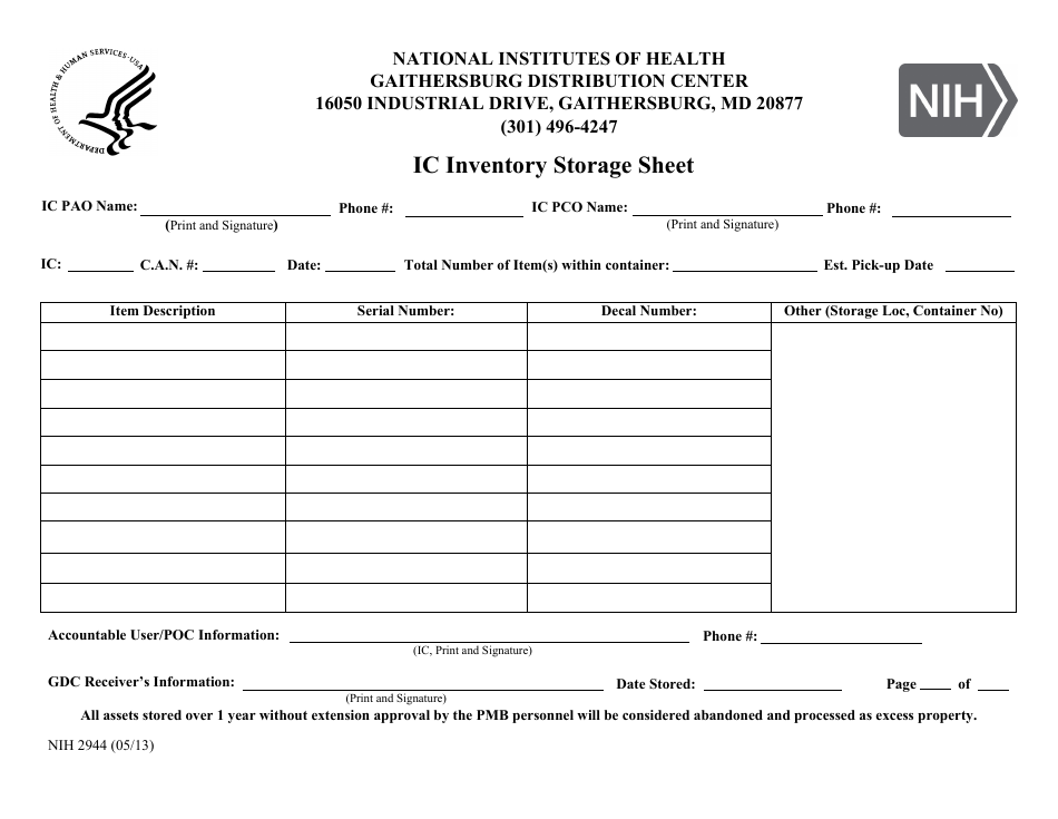 Form NIH2944 Ic Inventory Storage Sheet, Page 1