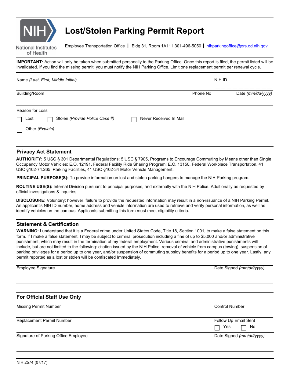 Form NIH2574 Lost / Stolen Parking Permit Report, Page 1