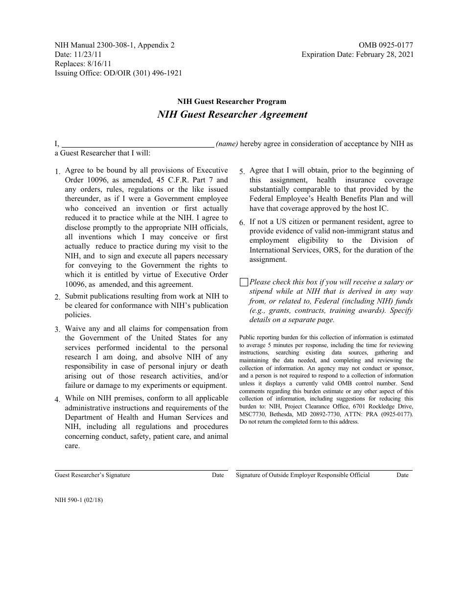 Form NIH590-1 Nih Guest Researcher Agreement, Page 1
