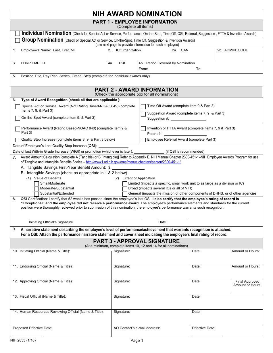 Form NIH2833 Nih Award Nomination, Page 1