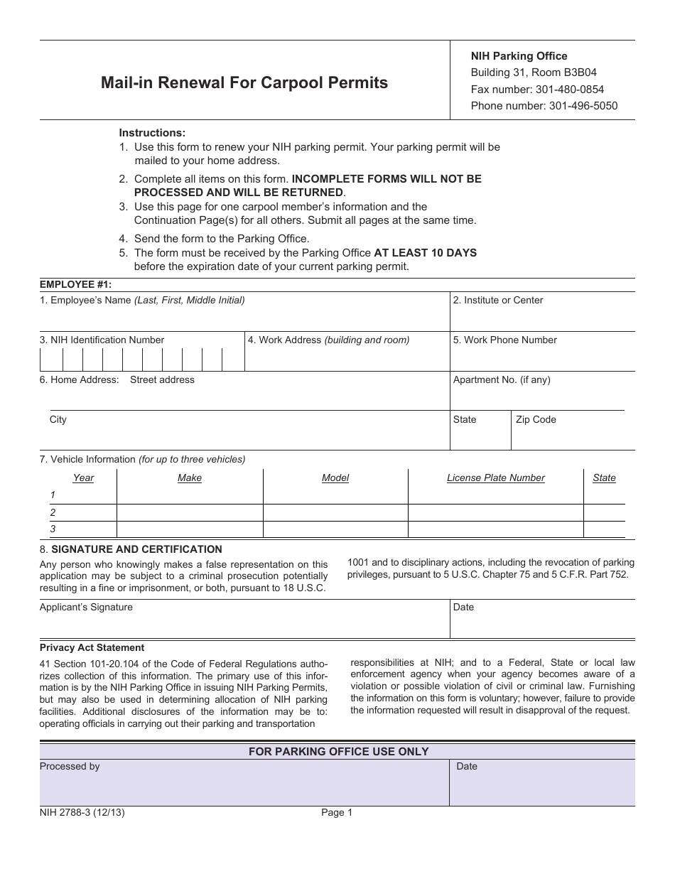 Form NIH2788-3 Mail-In Renewal for Carpool Permits, Page 1