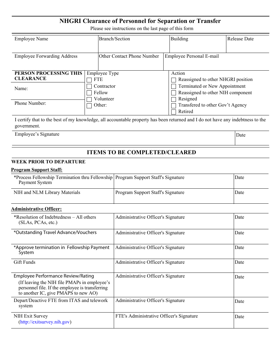 Nhgri Clearance of Personnel for Separation or Transfer Fill Out