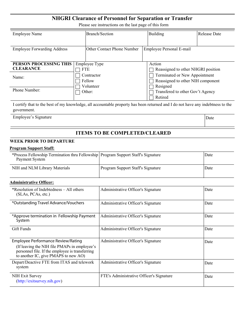 Nhgri Clearance of Personnel for Separation or Transfer, Page 1