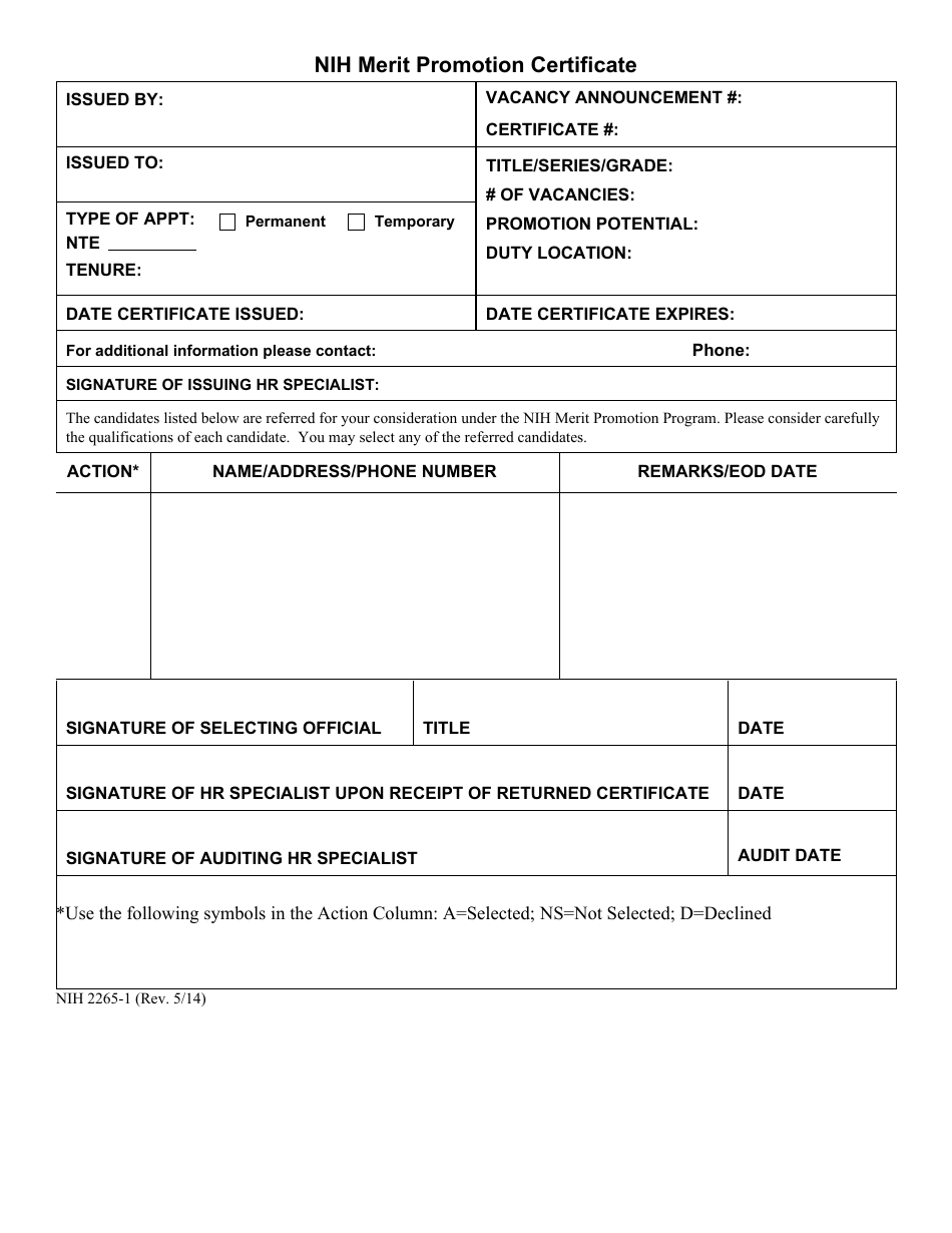 Form NIH2265-1 Nih Merit Promotion Certificate, Page 1