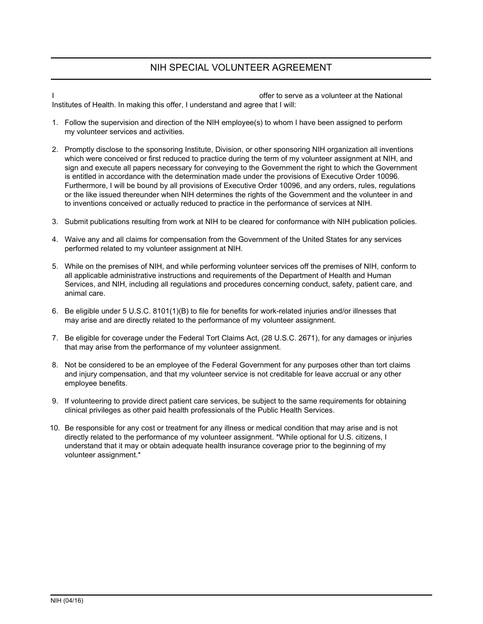 Nih Special Volunteer Agreement Form, Page 1