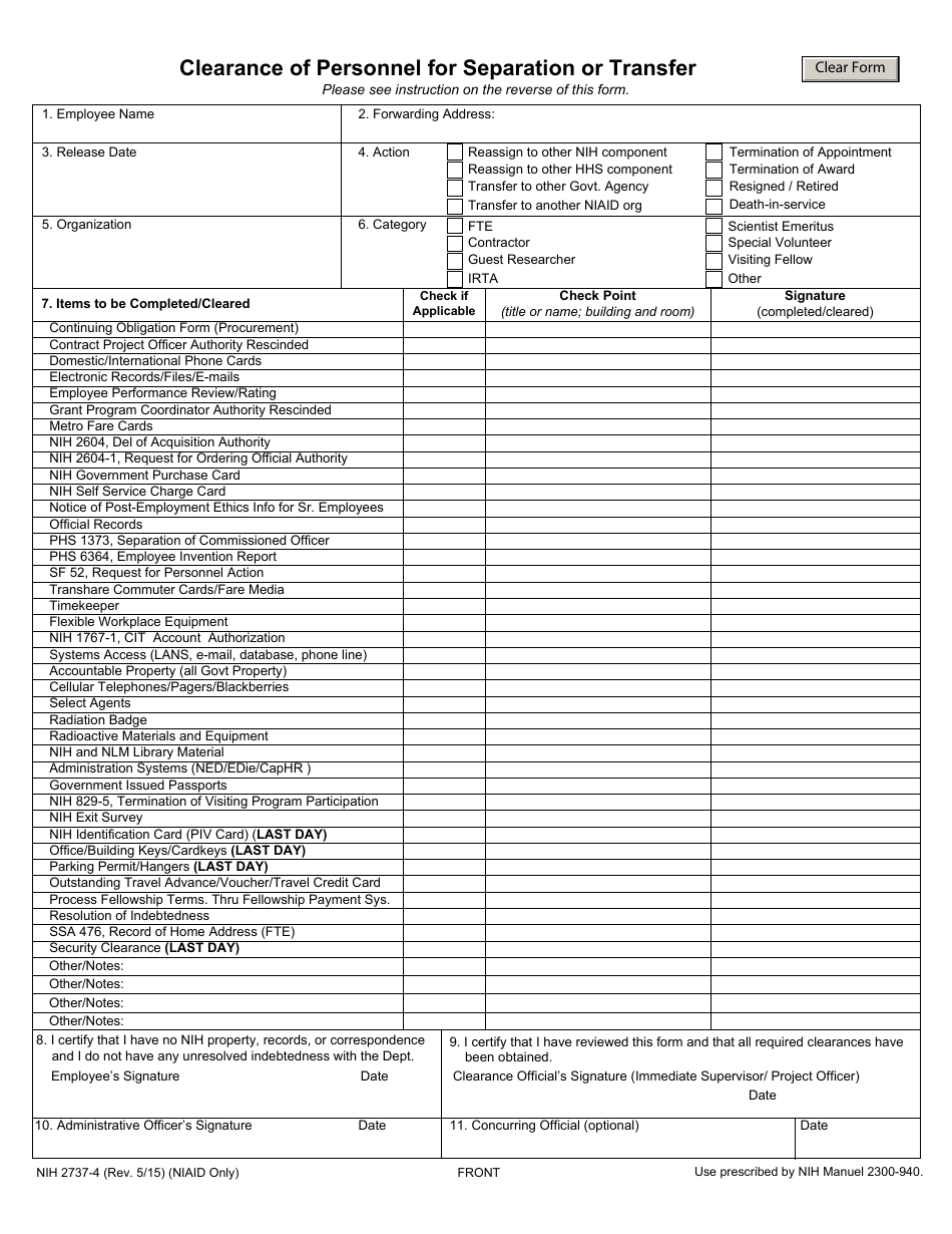 Form NIH2737-4 Clearance of Personnel for Separation or Transfer, Page 1