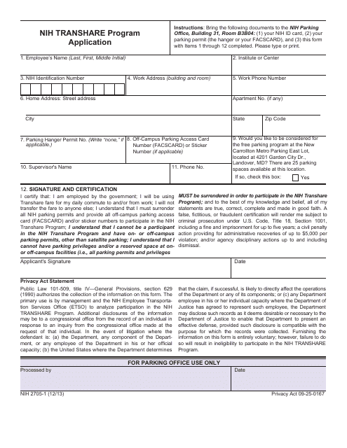 Form NIH2705-1 Nih Transhare Program Application