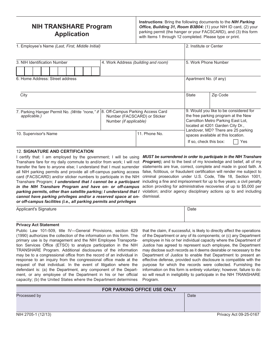 Form NIH2705-1 Nih Transhare Program Application, Page 1