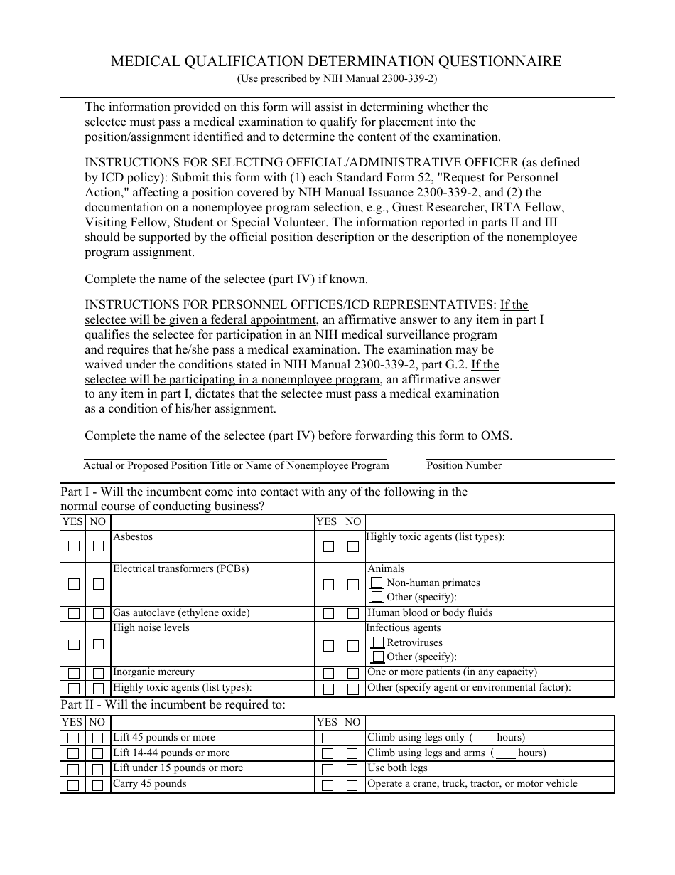 Form NIH750-3 Medical Qualification Determination Questionnaire, Page 1