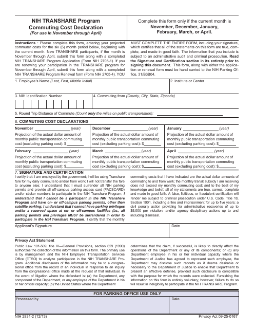 Form NIH2831-2 Commuting Cost Declaration (For Use in November Through April) - Nih Transhare Program
