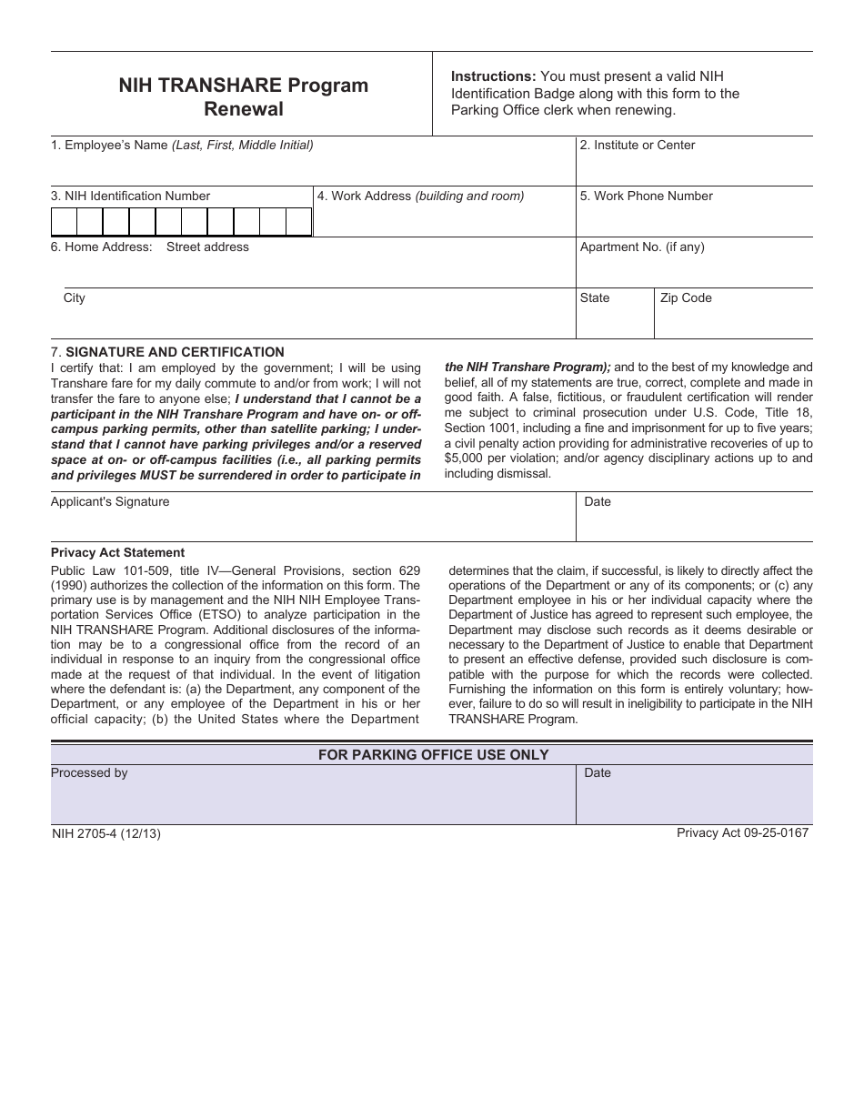 Form NIH2705-4 Nih Transhare Program Renewal, Page 1