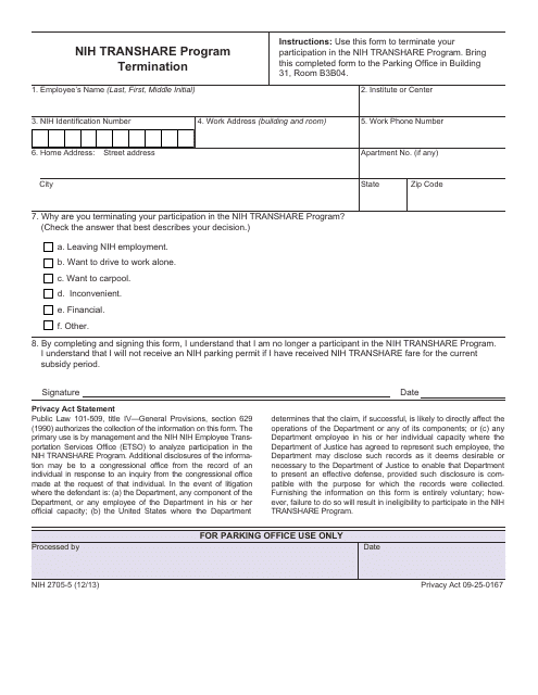 Form NIH2705-5 Nih Transhare Program Termination