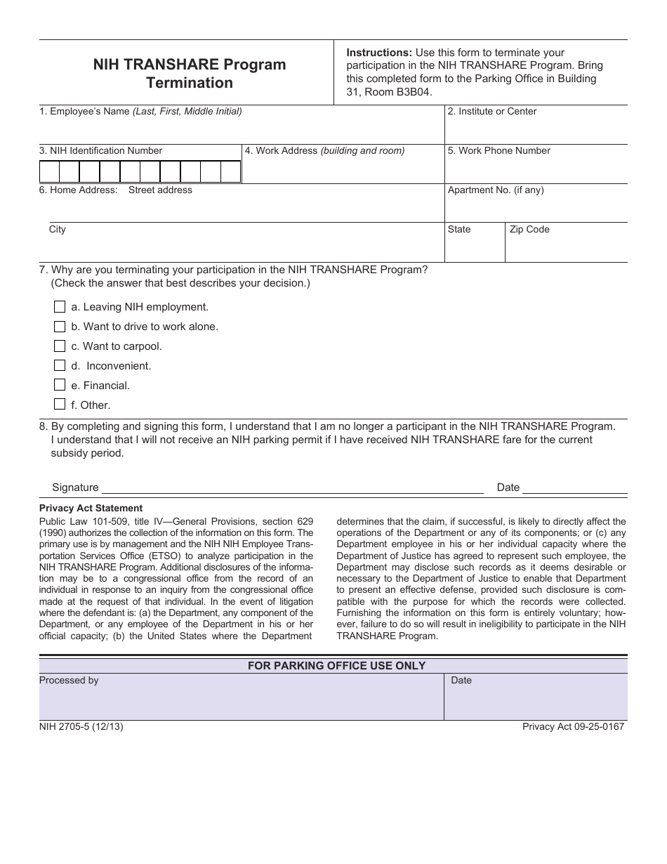 Form NIH2705-5 Nih Transhare Program Termination, Page 1