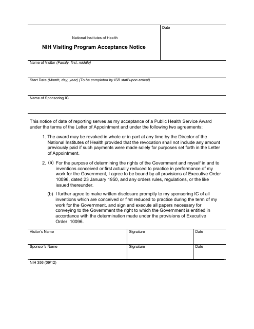 Form NIH356 Nih Visiting Program Acceptance Notice
