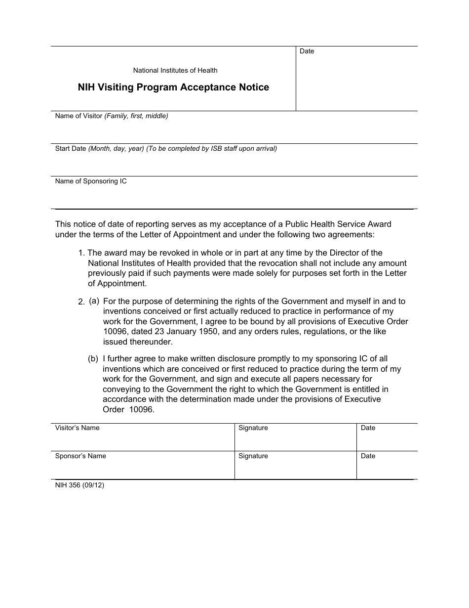 Form NIH356 Nih Visiting Program Acceptance Notice, Page 1