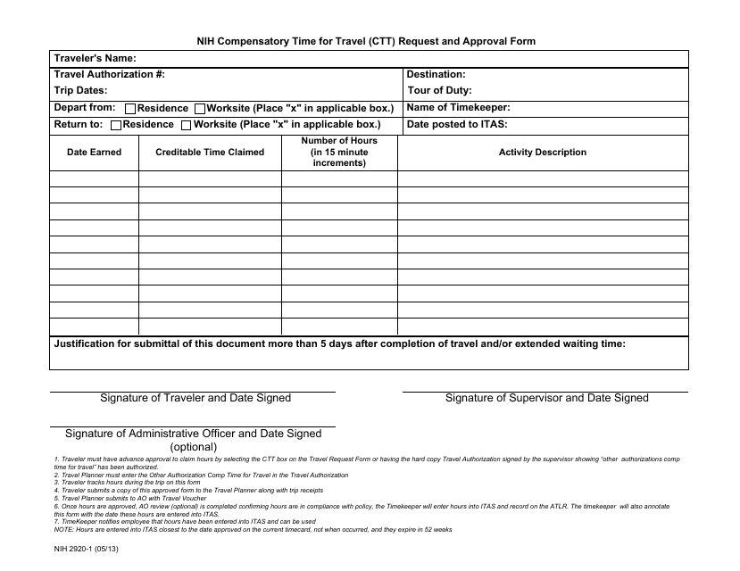 Form NIH2920-1 Nih Compensatory Time for Travel (Ctt) Request and Approval Form