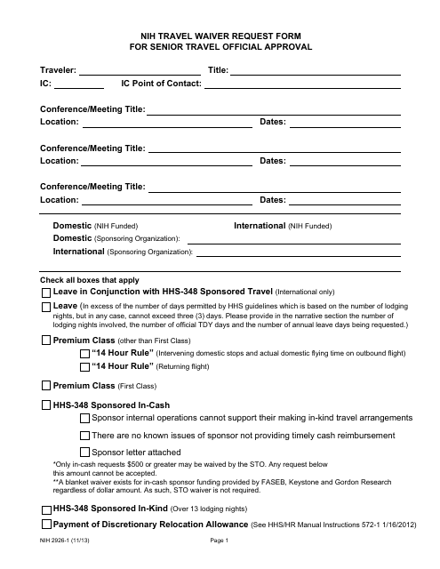 Form NIH2926-1 Nih Travel Waiver Request Form for Senior Travel Official Approval
