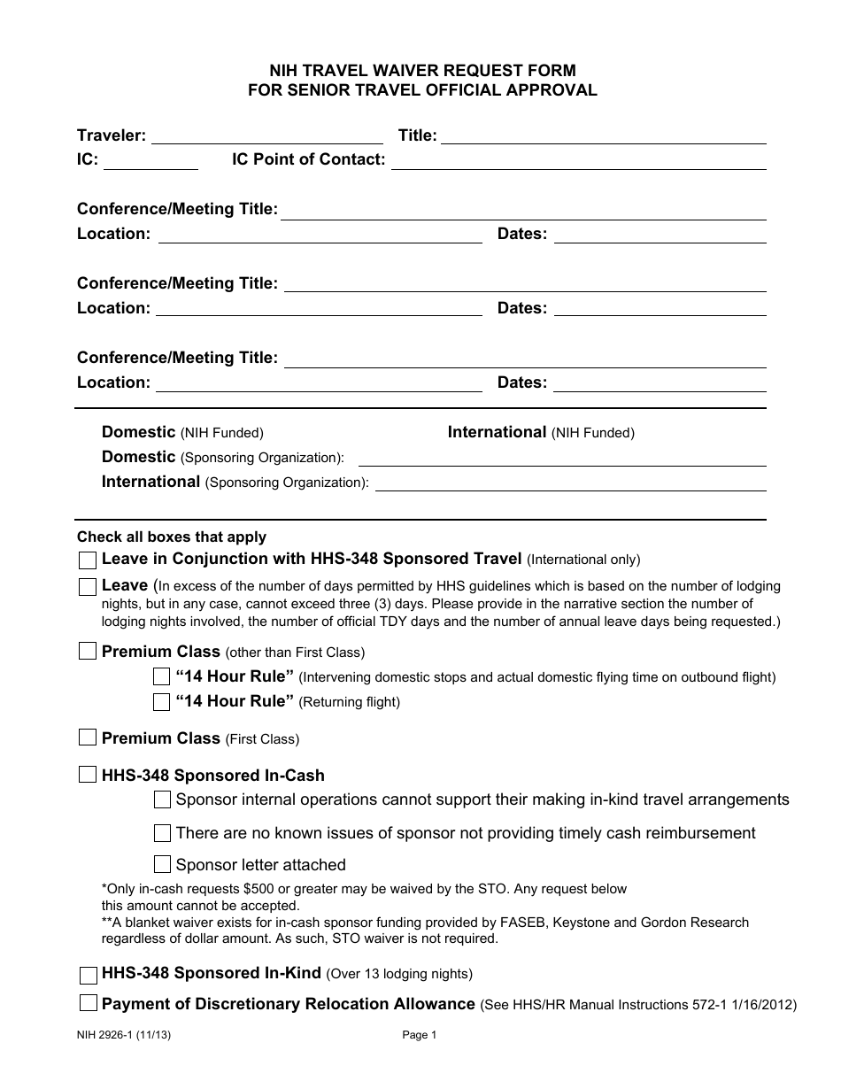 Form NIH2926-1 Nih Travel Waiver Request Form for Senior Travel Official Approval, Page 1