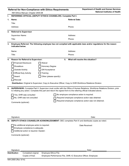 Form NIH-2850 Referral for Non-compliance With Ethics Requirements