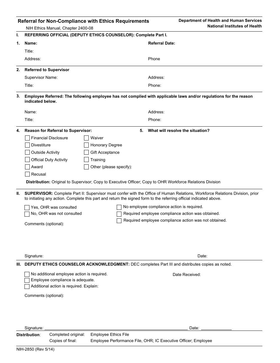 Form NIH-2850 Referral for Non-compliance With Ethics Requirements, Page 1