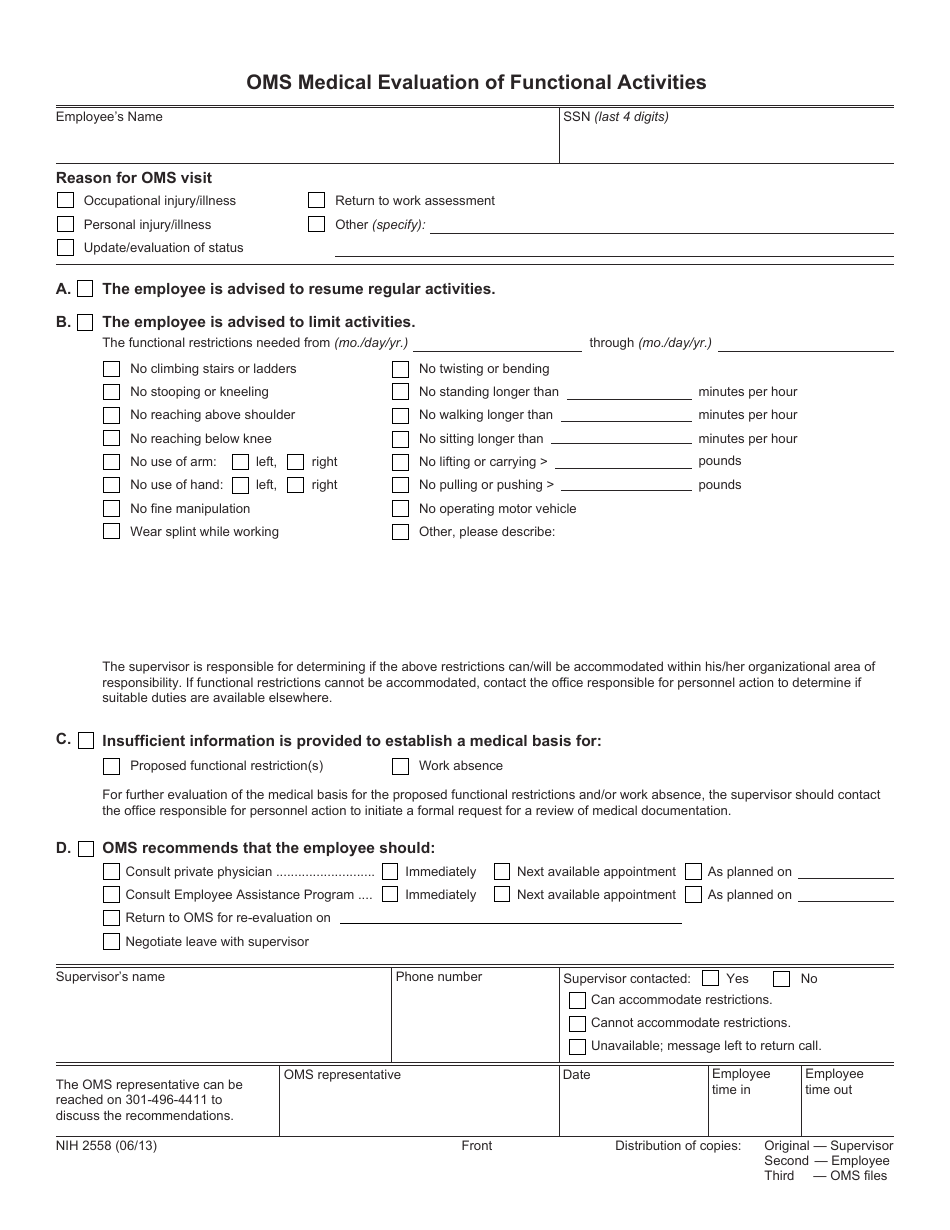 Form NIH2558 Oms Medical Evaluation of Functional Activities, Page 1