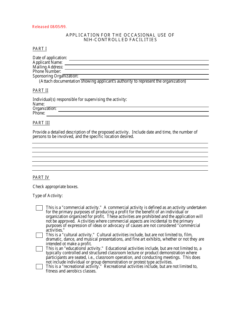 Application for the Occasional Use of Nih-Controlled Facilities, Page 1