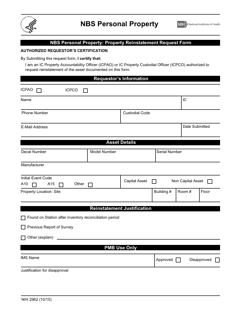 Form NIH2962  Printable Pdf