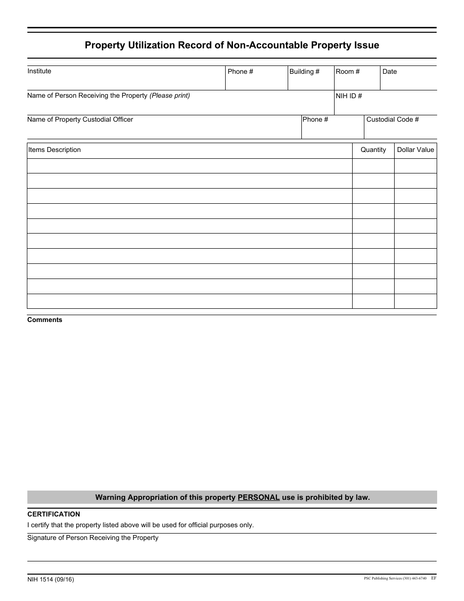 Form NIH1514 Property Utilization Record of Non-accountable Property Issue, Page 1
