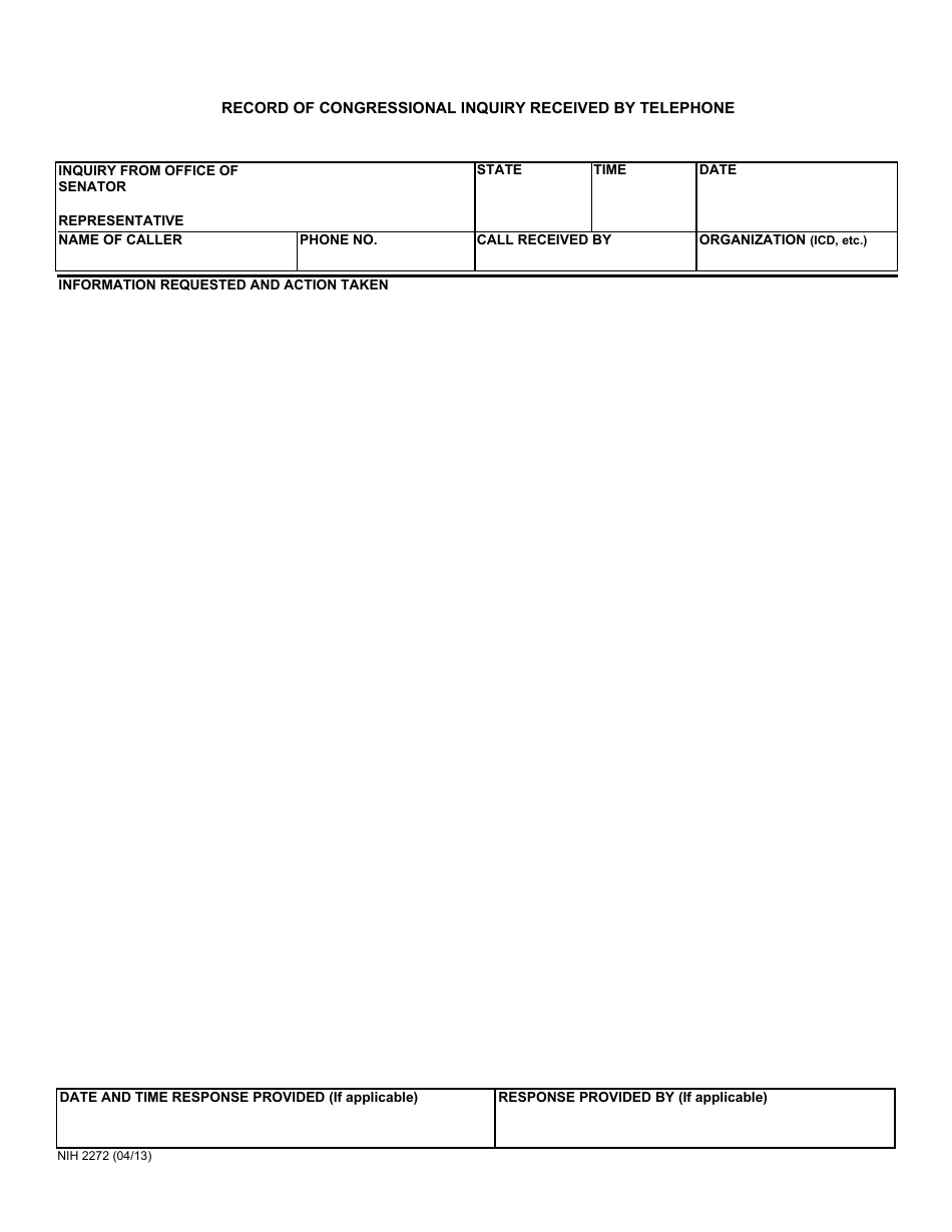 Form NIH2272 Record of Congressional Inquiry Received by Telephone, Page 1