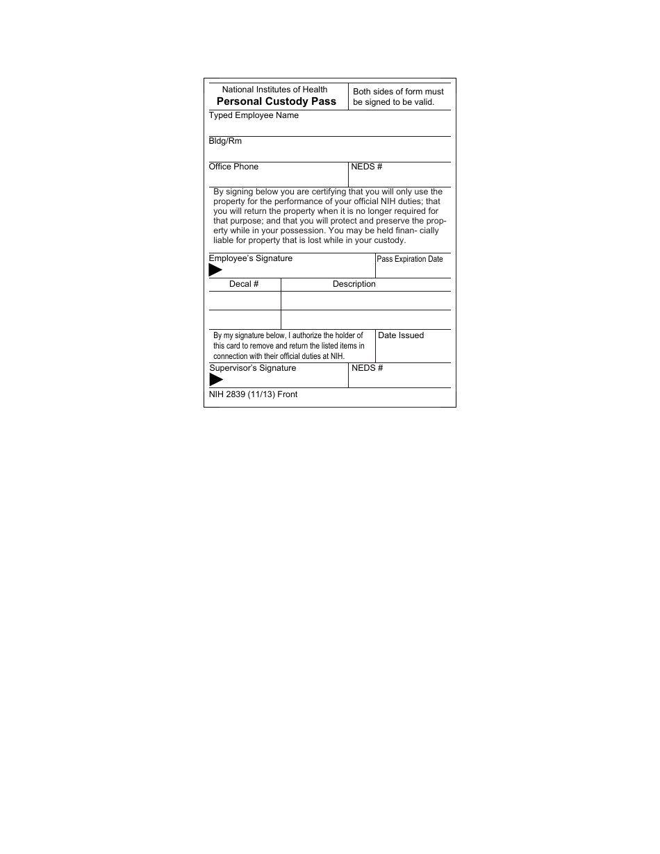 Form NIH2839 Personal Custody Pass, Page 1