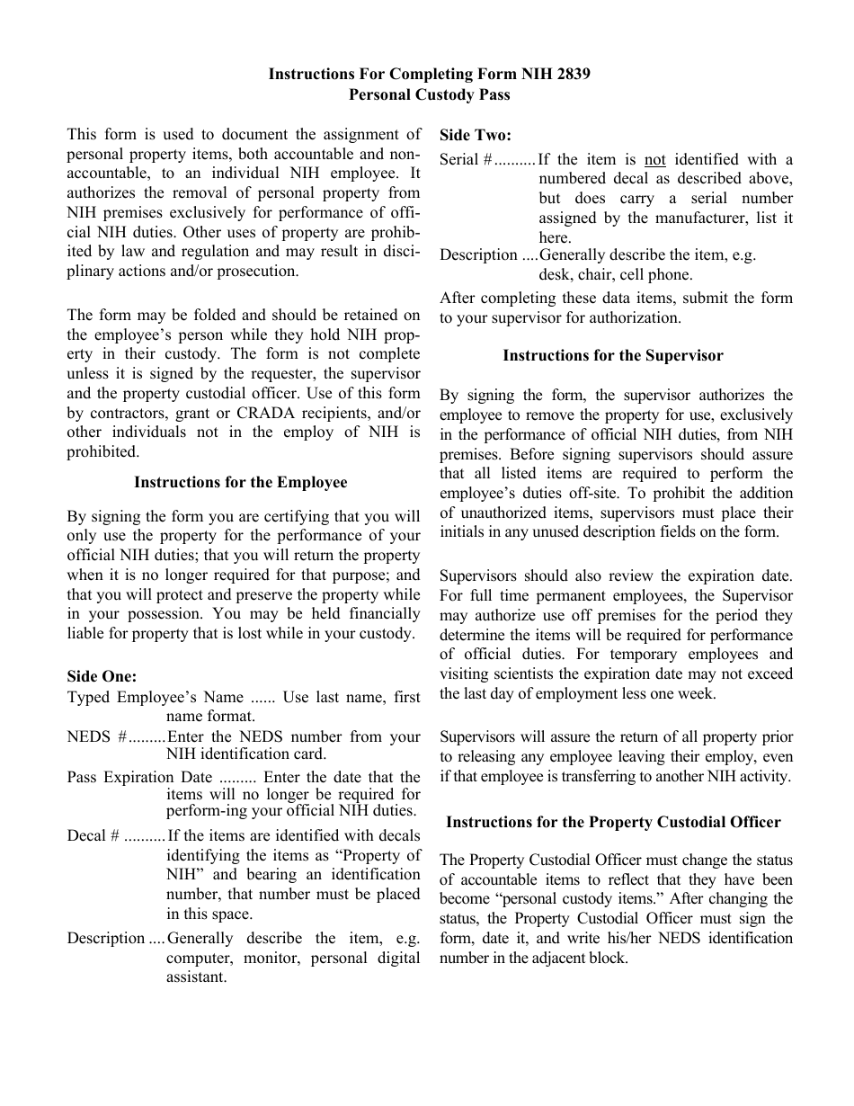 Form NIH2839 Personal Custody Pass, Page 3