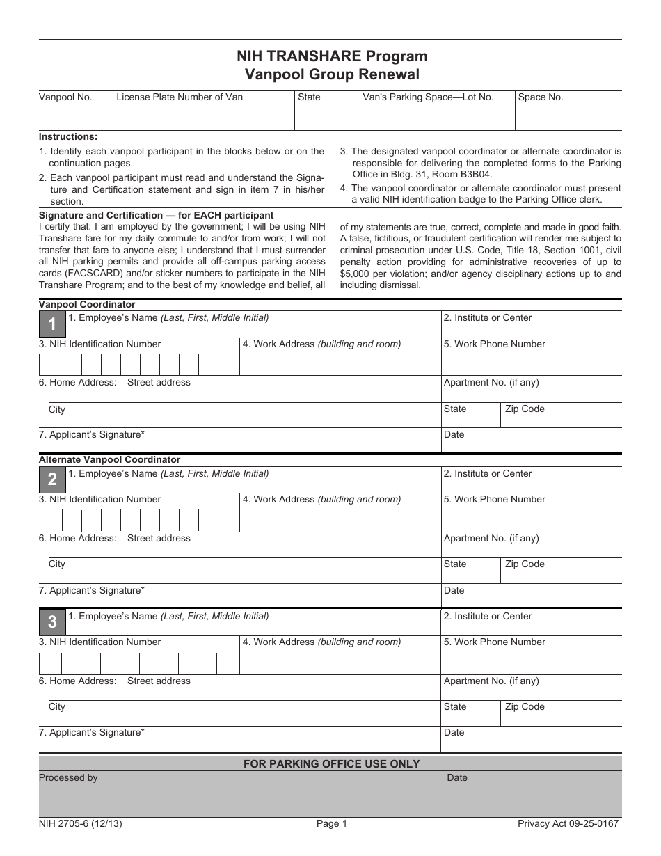 Form NIH2705-6 Vanpool Group Renewal - Nih Transhare Program, Page 1