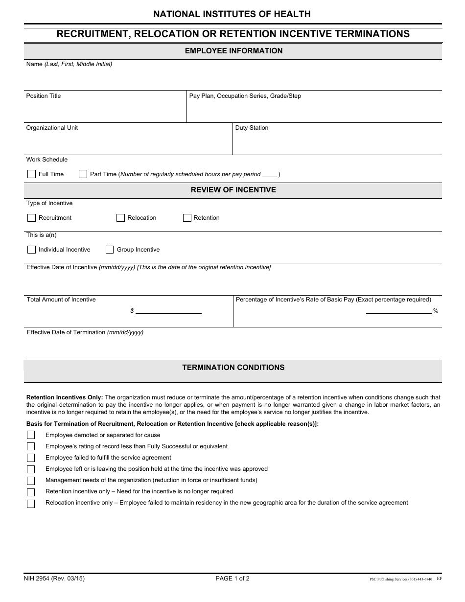 Form NIH-2954 Recruitment, Relocation or Retention Incentive Terminations, Page 1