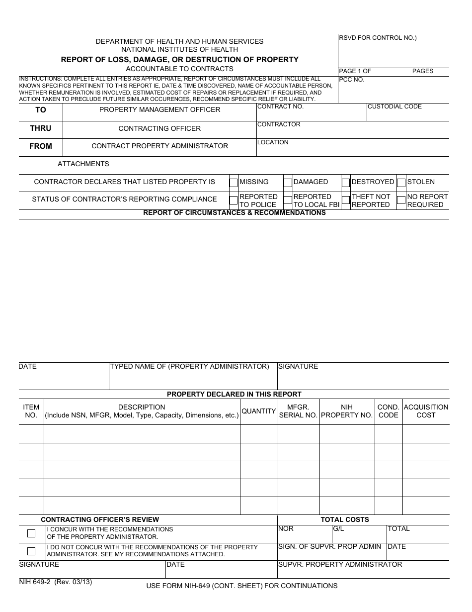 Form NIH-649-2 Report of Loss, Damage, or Destruction of Property, Page 1